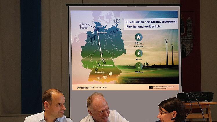 Zu einem Info-Abend über das Südlink-Projekt hatte die Stadt eingeladen.  Bürgermeister Helmut Blank (Mitte) begrüßte dazu Saskia Albrecht (Transnet,  rechts) und Hendrik Steinke (Tennet, links).  Foto: Dieter Britz