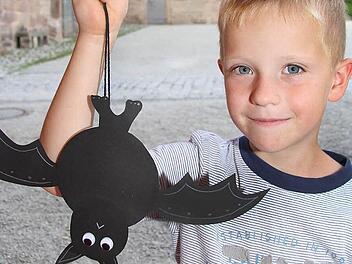 Philipp Wöß ist stolz auf seinen selbst gebastelten Fledermaushampelmann. Er lässt sich auch kopfüber aufhängen, "denn schließlich schlafen die Tiere mit dem Kopf nach unten". Fotos: Sonja Adam