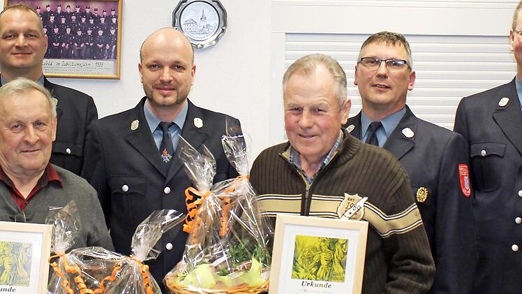 Erste Reihe von links: Robert Pfister, Otto Dorscht (beide 50 Jahre bei der FFW); zweite Reihe von links: Zweiter Vorsitzender Thorsten Wei&szlig;, Erster Vorsitzender Thomas Uzelino, Erster Kommandant Dietmar Einwich, Zweiter Kommandant Markus Dorscht   Fotos: p