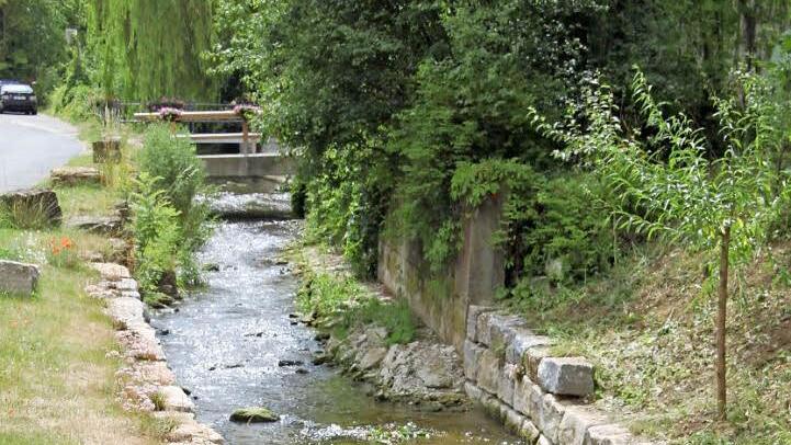 Wasser als belebendes und prägendes Element im Dorf. Durch Horsdorf fließen Mühlbach und Lauter (Bild). Immer wieder gibt es Bereiche, in denen man gefahrlos hinunter zum Bachbett gehen kann. In der Ortsmitte ist es aufgeweitet und mit Trittsteinen versehen worden.  Fotos: Ramona Popp
