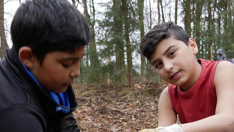 Noman (re.) zeigt es: Das zarte Pflanzenköpfchen darf nicht abgebrochen werden, weil sonst nichts mehr aus dem Bäumchen werden kann.Manja von Nida