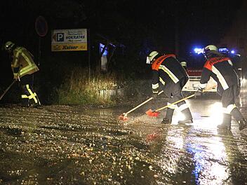 Die Feuerwehr musste in Buckenhofen die Stra&szlig;e von angeschwemmtem Schlamm s&auml;ubern.  Foto: News 5, Herse