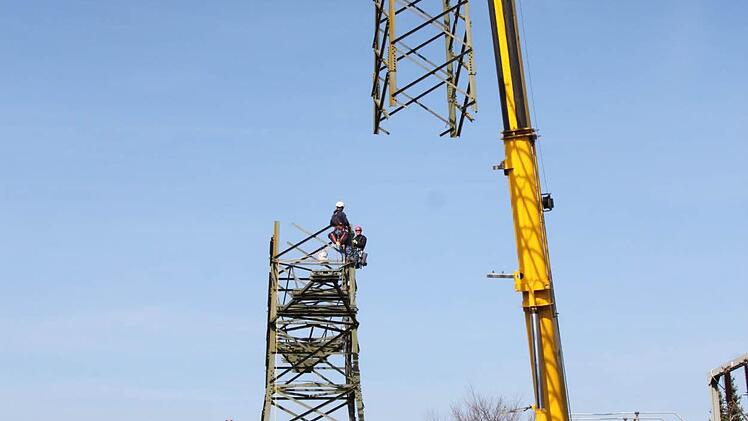 Der Strommast wird in drei Teile zerlegt, die mit einem Baukran zu Boden gebracht werden. Foto: Alexander Hartmann