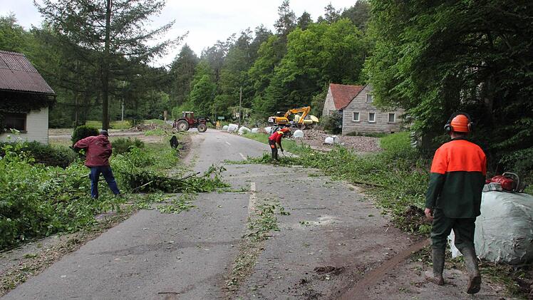 Helfer beseitigen Äste von der Straße.