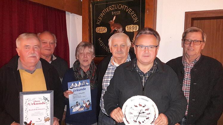 Der wiedergewählte Vorsitzende des Kleintierzuchtvereins Münnerstadt, Karl-Heinz Mangold (rechts), ehrte (von links) Rudi Rottmann, Hans Petsch, Sabine Scheuble, Waldemar Schmitt und  Peter Hübner.Hartmut Hessel