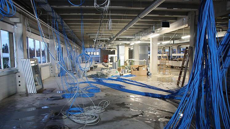 Blaue Daten- und graue Elektrokabel hängen von der Decke.  Foto: Benedikt Borst