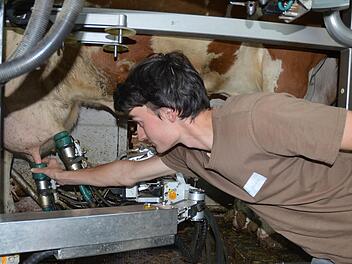 André Steiner zeigt bei der Prüfung zum Landwirt, dass er sich am Melkroboter auskennt. Fotos: Rainer Lutz