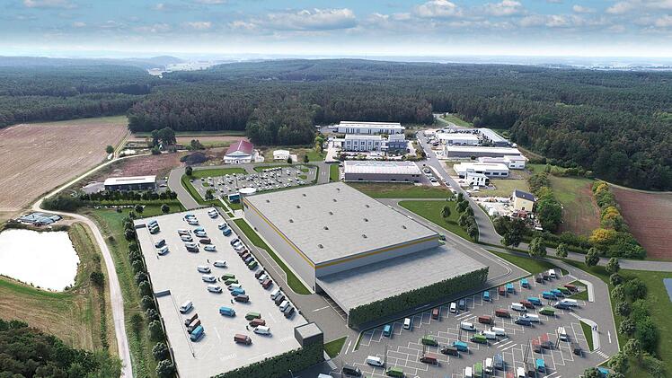 Amazon plant im Gewerbegebiet Limbach diese Logistikhalle. Die Visualisierung zeigt im Hintergrund den Pommersfeldener Ortsteil. Dort haben sich Kritiker des Projekts zu einer Bürgerinitiative zusammen geschlossen und einen Bürgerentscheid am 5. April erreicht. Visualisierung: P3 Logistic Parks