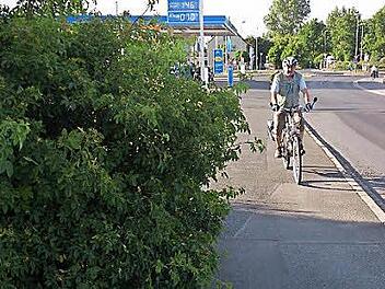 Helmut Trautner kennt in Höchstadt mehrere Stellen, an denen Bäume und Sträucher Radwege einengen. Eine davon liegt hier an der Fürther Straße in Höchstadt-Süd.  Foto: Andreas Dorsch