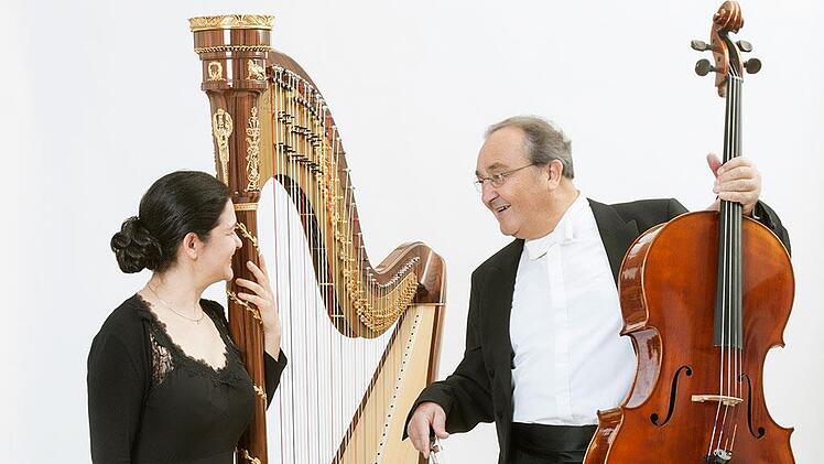 Die französische Harfenistin Laurence Forstner-Beaufils und der Cellist Karlheinz Busch spielen als "Duo Orfeo" im restaurierten Stallgebäude in Unsleben "Klänge für die Seele".