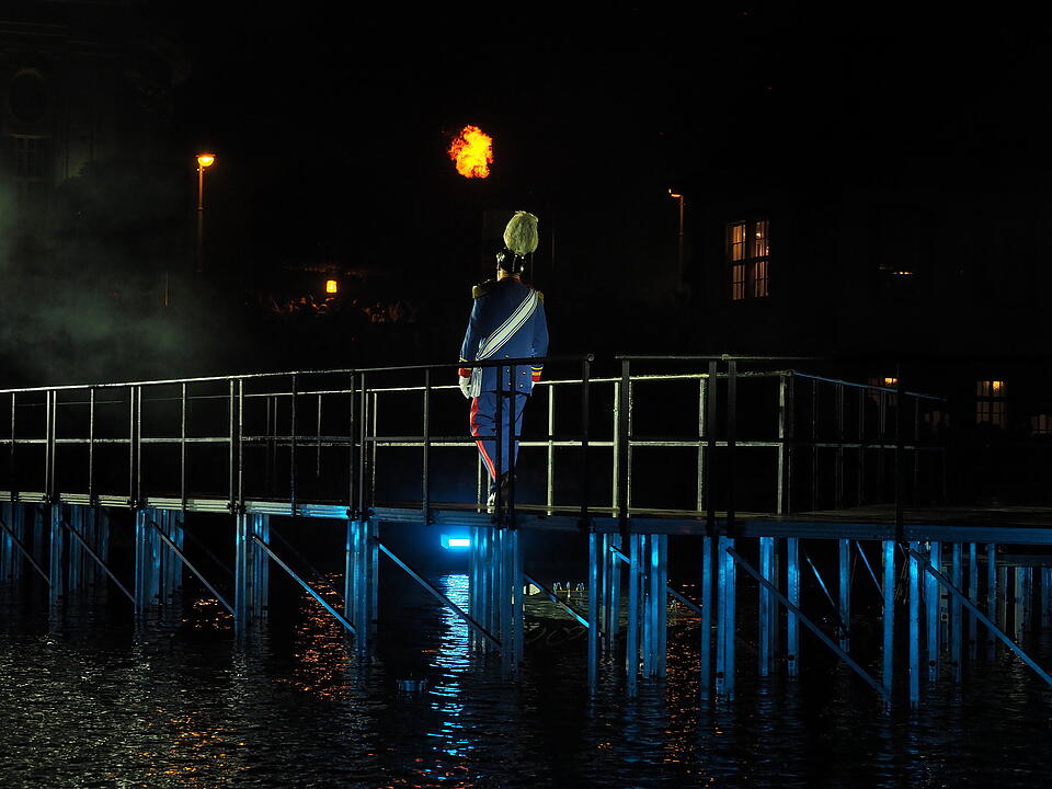 Eine Lichtshow mit Wasser, Feuer, Nebel und Musik im Rosengarten, die historische Pers&ouml;nlichkeiten ehrt.