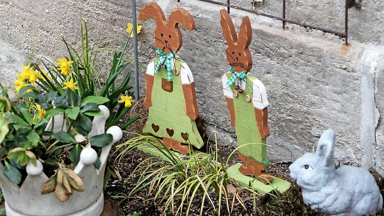 Lebendigen "Osterschmuck" hatte eine Breitbrunner Familie einen Tag lang vor ihrem Haus: Hinter dem linken Holzhasen hatte sich der Wildhase versteckt.