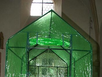 Die Stadtpfarrkirche St. Michael in Zeil ist einer von zehn Ausstellungsorten in Unterfranken, die in diesem Jahr zum Projekt "Zeitgleich - Zeitzeichen" des Verbandes Bildender Künstler gehören. Gabi Weinkauf präsentiert hier ihre Installation "Scham".  Foto: Sabine Weinbeer