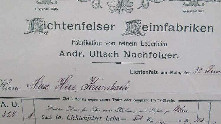 Lieferschein der ehemaligen Lichtenfelser Leimfabrik von 1914 : der Sack Leim kostete zum Tagespreis 55 Mark