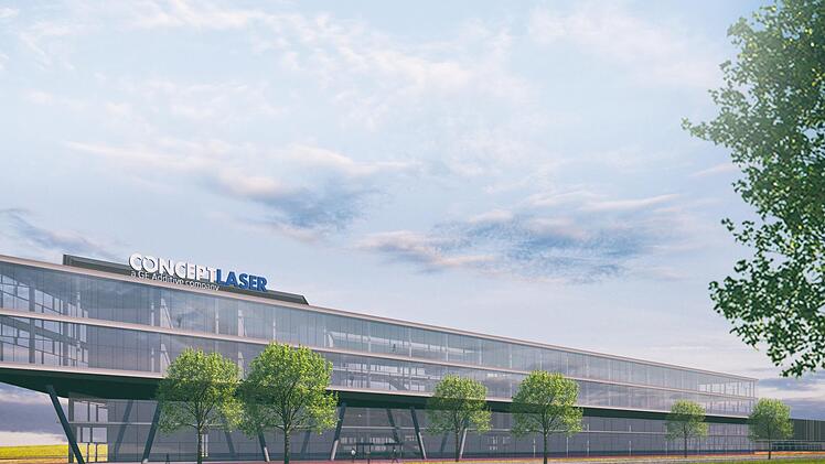 Der 3D-Campus wird künftig Forschung und Entwicklung sowie Produktion, Service und Logistik unter einem Dach vereinen. Auf einer Fläche von  etwa  40.000 Quadratmetern entsteht  Raum  für  500 Arbeitsplätze. Foto: Concept Laser GmbH