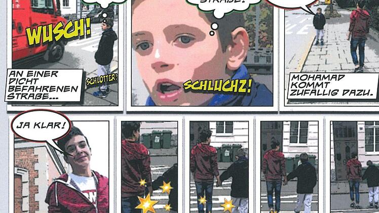 Einem Mitschüler über die Straße helfen - solche Alltagsszenen haben die Jugendlichen nachgestellt.Repro: Ulrike Nauer