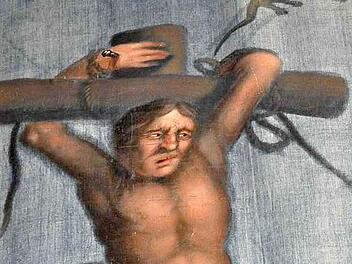 Kleine Feinheiten hat der unbekannte Maler der Fastentücher von Schönau mit eingebracht:  Beim Schächer zur linken Seite Jesu ist das Teufelchen zu sehen, das gerade mit der Seele wegfliegt.  Foto: Hanns Friedrich