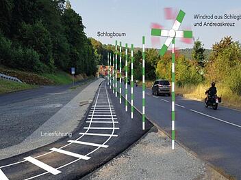Diesen Gestaltungsvorschlag legte das Fachbüro Toponeo vor. Der Allgemeine Deutsche Fahrrad-Club hat aber Bedenken, weil die Kunstobjekte zu viel Platz wegnehmen. Fotomontage: Toponeo Landschaft und Gestaltung