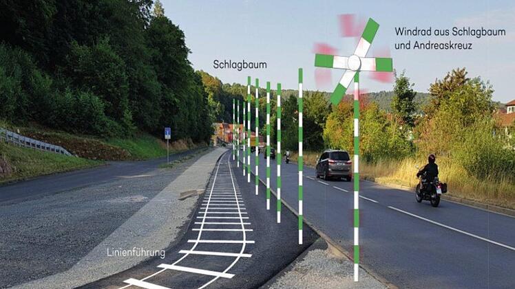 Diesen Gestaltungsvorschlag legte das Fachbüro Toponeo vor. Der Allgemeine Deutsche Fahrrad-Club hat aber Bedenken, weil die Kunstobjekte zu viel Platz wegnehmen. Fotomontage: Toponeo Landschaft und Gestaltung