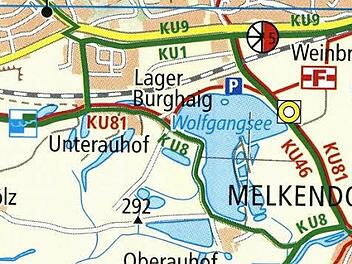 Unübersehbar auf dem Kartenausschnitt des publicpress-Verlages: Auf der Rad- und Wanderkarte heißt der ehemalige Baggersee "Wolfgangsee". Foto: Repro BR