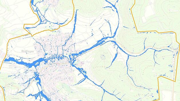 Die Grafiken zeigen die Hauptabflusswege, die bei einem 100-j&auml;hrlichen Hochwasser in N&uuml;dlingen entstehen. Foto: Tractebel Hydroprojekt