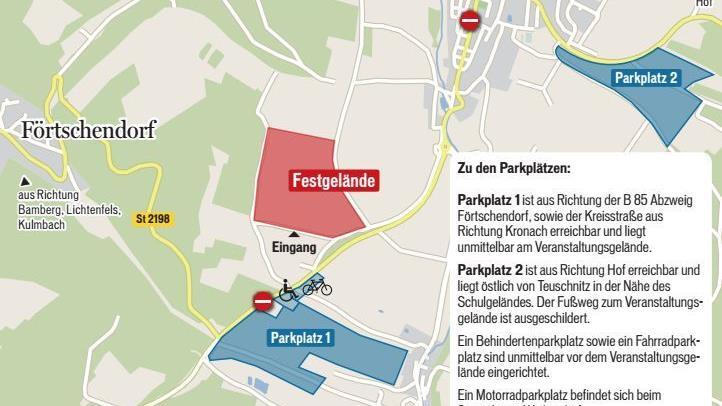 Die Parkplatz-Situation und die Straßensperrung beim Bayern 3-Dorffest in Teuschnitz. Grafik: Dagmar Klumb/Quelle: Veranstalter