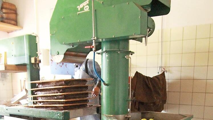 Diese Äpfel warten im Marktgraitzer Kelterhaus auf die Versaftung in der Platten-Pressanlage des Obst- und Gartenbauvereins.