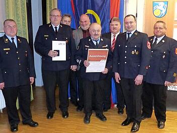 Kreisbrandrat Stefan Härtlein und die Rugendorfer Schreinerei Schnaubelt wurden vom Landesfeuerwehrverband Bayern und der Vereinigung der Bayerischen Wirtschaft für besondere Verdienste um das Feuerwehrlöschwesen geehrt. Unser Bild zeigt (von links) Kreisbrandrat Hermann Schreck, Stefan Härtlein, Kreisbrandinspektor Fritz Weinlein, Bürgermeister Ralf Holzmann, Roland Schnaubelt, Landrat Klaus Peter Söllner, Franz Schnaubelt und Ehrenkreisbrandinspektor Franz Gareis.  Foto: Klaus-Peter Wulf