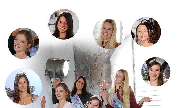 Zum Fototermin in Bad Staffelstein kamen die amtierende Thermenkönigin Katharina (vorn Mitte) sowie ihre Vorgängerinnen (von links Victoria, Désirée und Jennifer. Nicht dabei sein konnten Madeleine (kleines Bild links) und Pia (kleines Bild oben rechts).Promedia