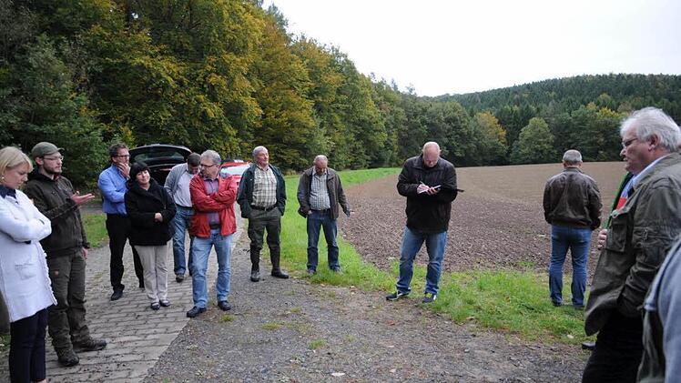 Stadtförster Björn Lieblein (zweiter von links) sprach sich vor den Mitgliedern des Bauausschusses für die Aufforstung eines Ackers in der Gemarkung Dörflis aus. Das Gremium sah sich vor Ort um.