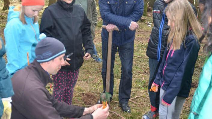 Baumfachmann Michael Weißerth setzt einem Bäumchen eine Krone auf, die es vor Wildverbiss schützen soll. Die jungen Stockheimer und Bürgermeister Rainer Detsch (Freie Wähler) passen gut auf. Foto: K.-H. Hofmann