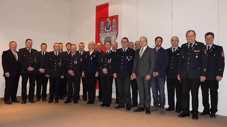 Die Geehrten vor dem Münnerstädter Wappen, im Bild zu sehen sind außerdem Landrat Thomas Bold (links), 2. Bürgermeister Michael Kastl (5. von rechts), Johannes Röß (Referent für Feuerwehr und Brandschutz, 4. von rechts), Kreisbrandinspektor Ronald Geiß (3. von rechts), Kreisbrandrat Benno Metz (2. von rechts) und Kreisbrandmeister Guido Schneider (rechts).  Foto: Björn Hein