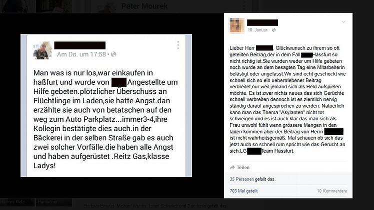 Offenbar gibt es eine gezielte Stimmungsmache gegen die Flüchtlinge auch im Landkreis Haßberge. In Haßfurt machte ein Post einer jungen Frau (rechter Text) in Windeseile die Runde. Sie stellt damit Behauptungen richtig, die ein FB-Nutzer (siehe links) frei erfunden hat. Foto: Screenshot Brigitte Krause