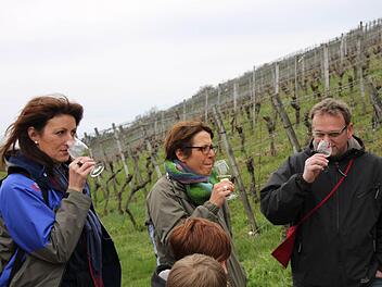 Wanderer kosten zwischen Rebstöcken Wein. Foto: Archiv/ Markus Reeh