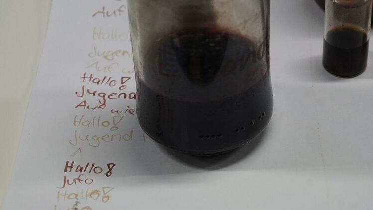 3. Platz in "Chemie" f&uuml;r Maxim Vogel und Gabriel Poesdorf: am besten lesbar ist die Hagebutten-Tinte, die Walnussschalen-Tinte hebt sich etwas schw&auml;cher und br&auml;unlicher ab.Pascale Ferry