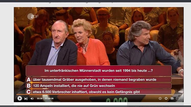 Welche Antwort stimmt? Bei der ZDF-Show "Da kommst du nie drauf" gab eine Münnerstädter Frage den Kandidaten Rätsel auf.Screenshot: Heike Beudert
