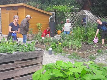 Im Herzo-Garten an der Schütt ist wieder gemeinschaftliches Arbeiten möglich, wenn auch freilich weiterhin mit Sicherheitsabstand. Zum Start trafen sich (von links) Cathrin Meißner, Leftheris Siontas, Monika Preinl, Zoe Siontas und Richard Meßner.     Foto: Bernhard Panzer