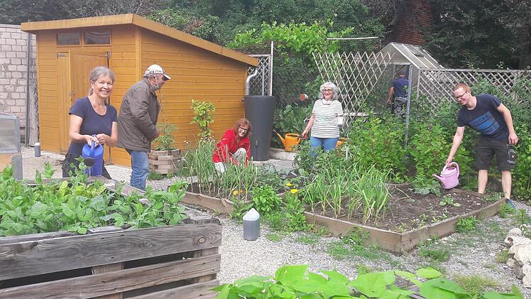 Im Herzo-Garten an der Schütt ist wieder gemeinschaftliches Arbeiten möglich, wenn auch freilich weiterhin mit Sicherheitsabstand. Zum Start trafen sich (von links) Cathrin Meißner, Leftheris Siontas, Monika Preinl, Zoe Siontas und Richard Meßner.     Foto: Bernhard Panzer