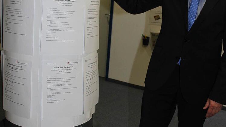 Sebastian Peine, der Vorsitzende der Geschäftsführung der Arbeitsagentur, zeigt eine ganze Litfasssäule voller Jobangebote für Flüchtlinge: vor allem die Gastronomie würde gerne Flüchtlinge einsetzen.