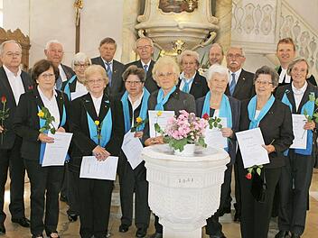 Alle vom Verband der evangelischen Chöre geehrten mit Pfarrer Andreas Krauter (Zweiter von rechts) und Dekanatskantor Marius Popp (links).  Foto: Michael Wunder