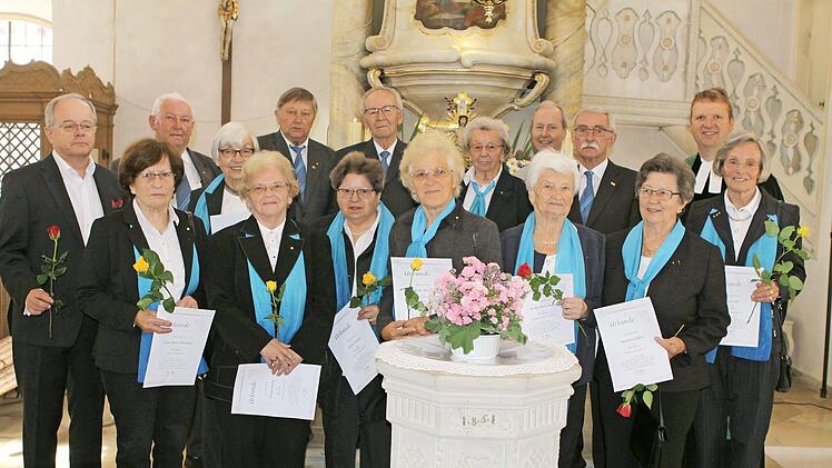 Alle vom Verband der evangelischen Chöre geehrten mit Pfarrer Andreas Krauter (Zweiter von rechts) und Dekanatskantor Marius Popp (links).  Foto: Michael Wunder