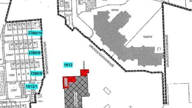 In diesem Lageplan sind die Erweiterungen an der Mittelschule Kronach rot eingezeichnet. Grafik: Spindler plus Architekten Kronach