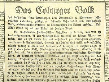 "Das Coburger Volk hat beschlossen, seine Staatshoheit dem Bayernvolke zu übertragen...": Die letzte Verlautbarung des Staatsministeriums des Freistaats Coburg im Tageblatt vom 30. Juni 1920. Vom nächsten Tag an wird Coburg bayerisch sein. Repro: Simone Bastian