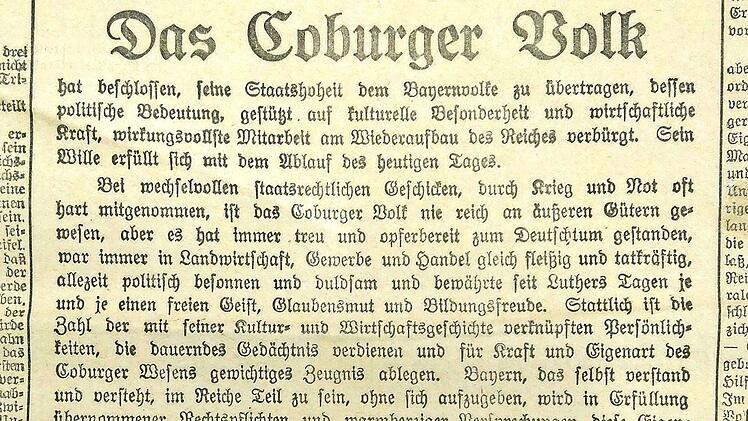 "Das Coburger Volk hat beschlossen, seine Staatshoheit dem Bayernvolke zu übertragen...": Die letzte Verlautbarung des Staatsministeriums des Freistaats Coburg im Tageblatt vom 30. Juni 1920. Vom nächsten Tag an wird Coburg bayerisch sein. Repro: Simone Bastian