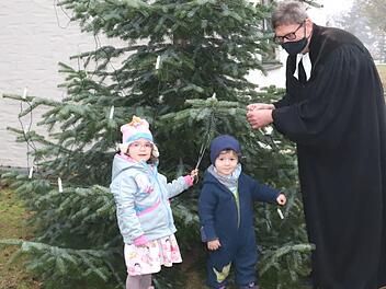 Valerie und Willibald schmücken zusammen mit ihrem Opa, Pfarrer Fritz Schäfer, den "Mitmachbaum".       Foto: Johanna Blum