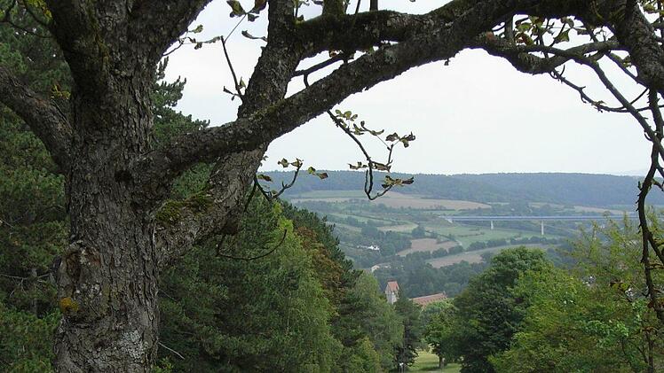 Blick auf Münnerstadt von einer Ruhegelegenheit unterhalb des Lehrbienenstandes. Wer hier verweilt, der kann den weiten Horizont genießen und den Blick auf das nun schon sehr nahe "Mürscht" und die Autobahnbrücke in der Ferne. Foto: Joachim Rübel