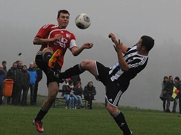 Balance-Akt: Diebachs Michael Mathes (links) und Albertshausens Markus Metz kämpfen im Einbein-Stand um das Spielgerät.   Foto: Hopf