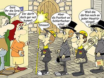 "Mit von Haus zu Haus wird's wohl nix dieses Jahr bei den Sternsingern wegen Corona", schreibt Klaus Strobel zu dieser Karikatur und ergänzt: "Aber vielleicht mit etwas Einfallsreichtum doch noch, denn das alte Brauchtum darf trotz Corona nicht aussterben. Ist es doch letztendlich für einen guten Zweck."