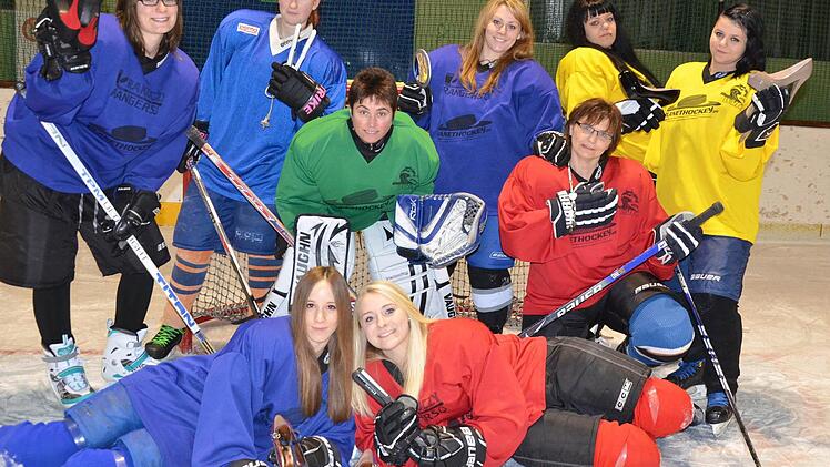 Schlittschuhe, Schläger und Helm statt Stöckelschuhe, Spiegel und Glätteisen: Das Kissinger Damen-Team bilden (hinten, von links) Janine Knappe, Larissa Kirchner, Torfrau Barbara Hartmann, Stefanie Schubert, Ulrike Höhn, Svenja Voll und Celine Voll sowie (vorne, von links) Bianca Kirchner und Melanie Schubert. Es fehlt Alena Zeiler. Foto: Jürgen Schmitt