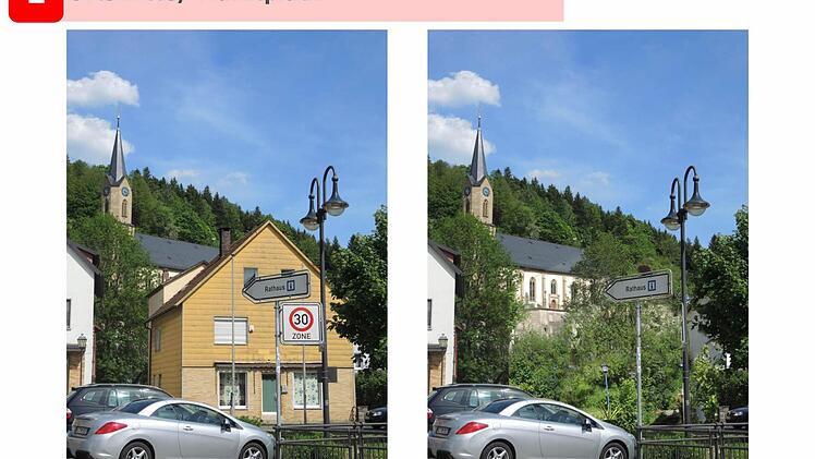 Die Ortsmitte soll umgestaltet werden. Das Haus auf dem linken Bild soll weichen. Dadurch ergibt sich ein freier Blick auf die Kirche. Grafik: Valier/Schramm